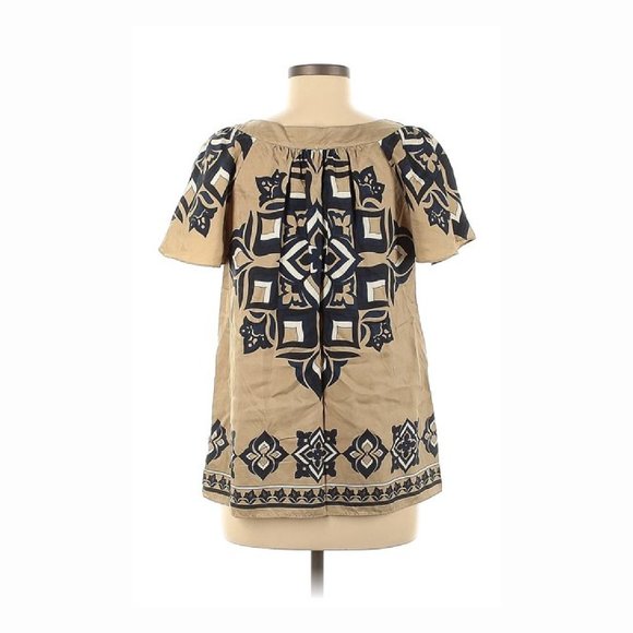 MICHAEL Michael Kors Size 1X Beige Blue Short Sleeve Blouse 100% Silk - Picture 4 of 10